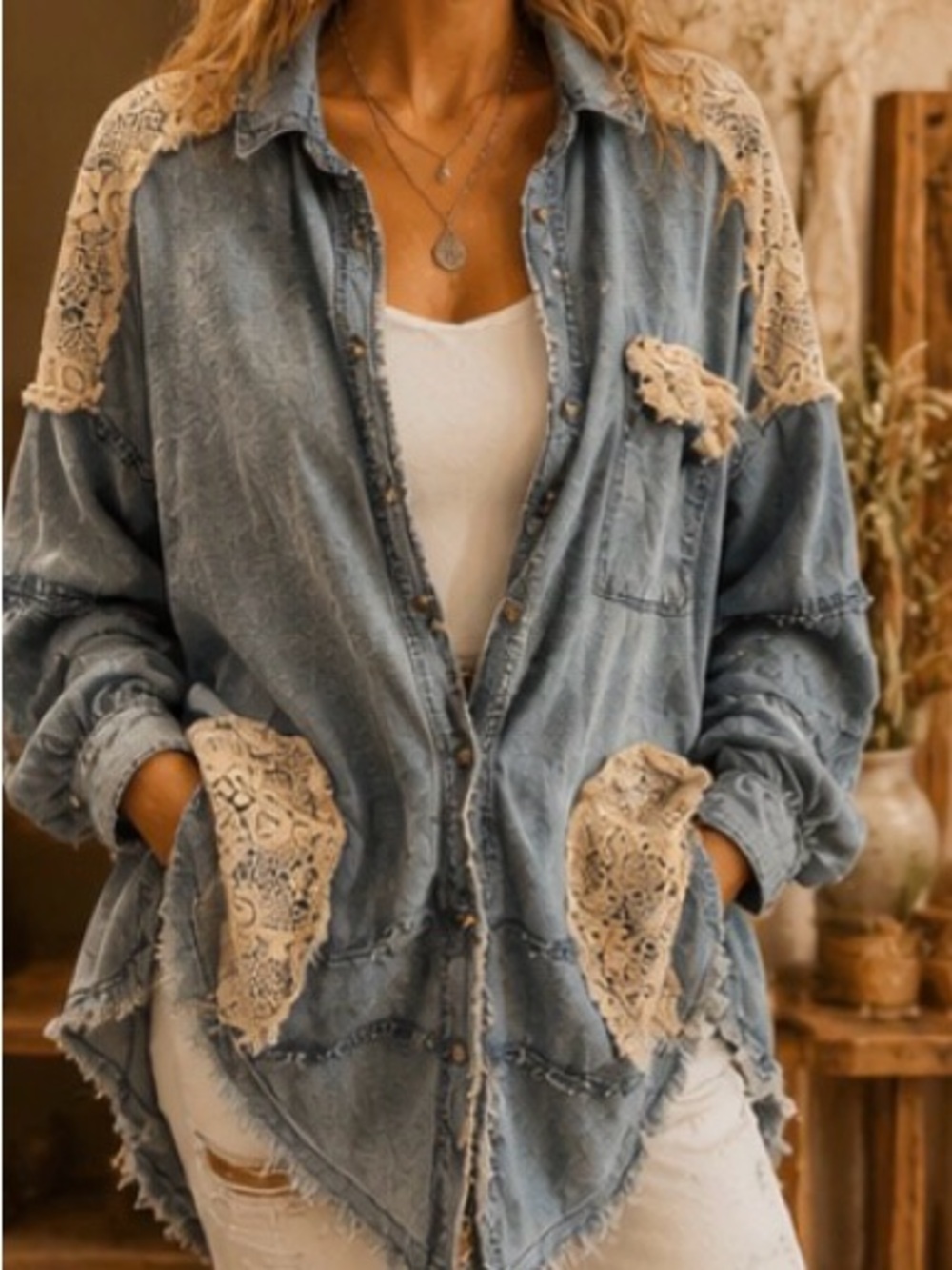Jaded Gypsy Lace Denim Shirt L/XL Crochet Boho Oversized Shacket